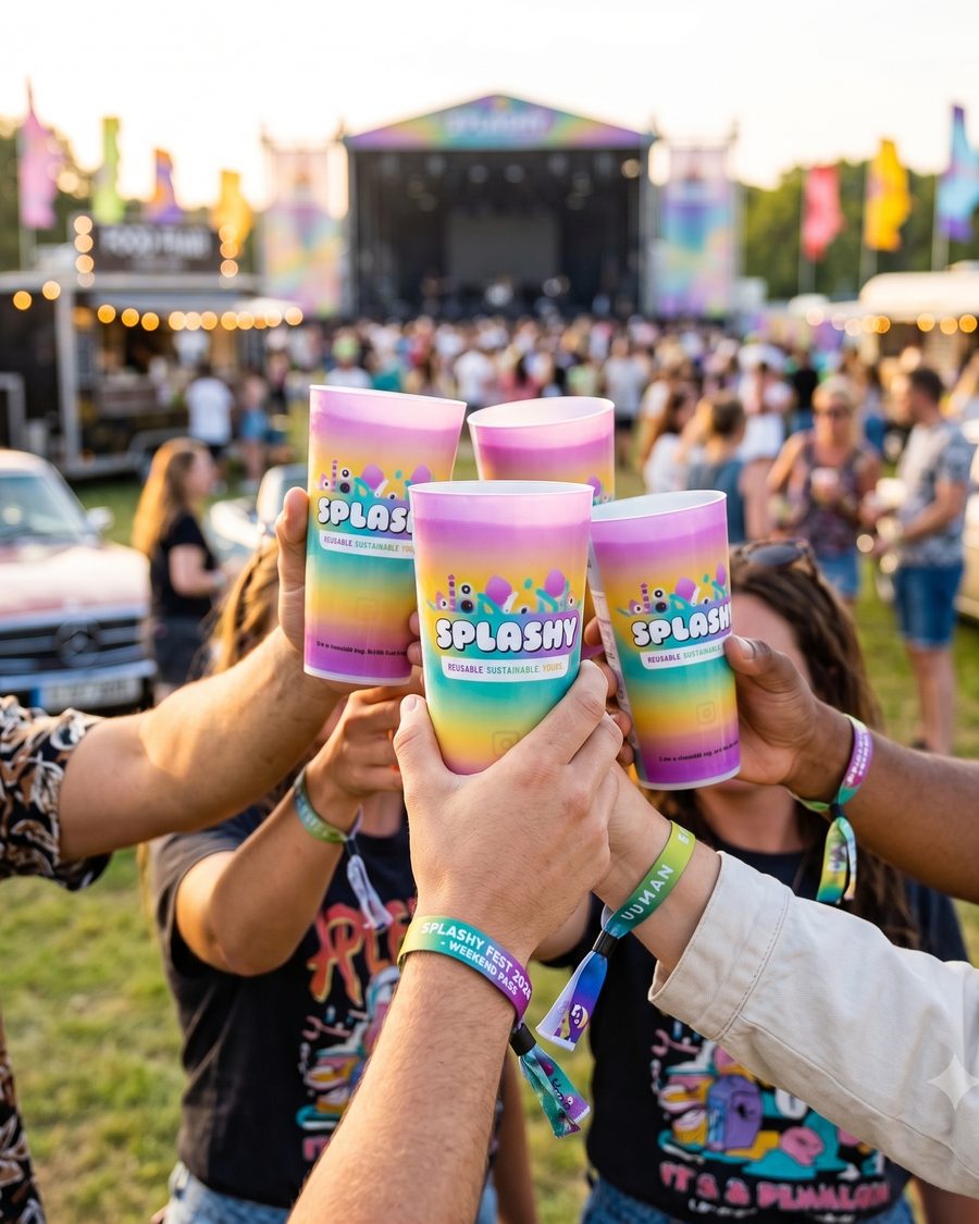 Gobelets réutilisables Swig levés dans un festival